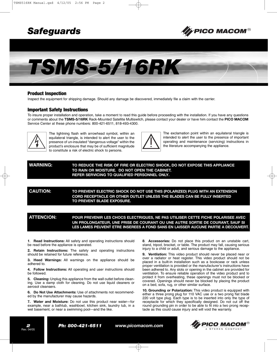 Pico Macom TSMS-5/16RK operation manual Product Inspection, Important Safety Instructions 