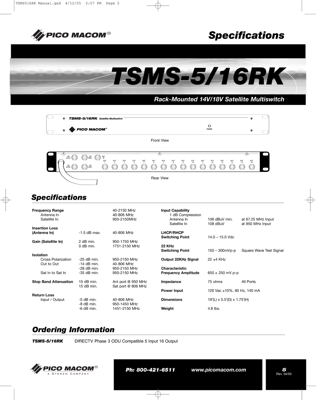 Pico Macom TSMS-5/16RK operation manual Specifications 