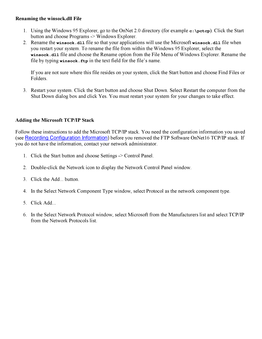 PictureTel 3.1, 2 manual Renaming the winsock.dll File, Adding the Microsoft TCP/IP Stack 