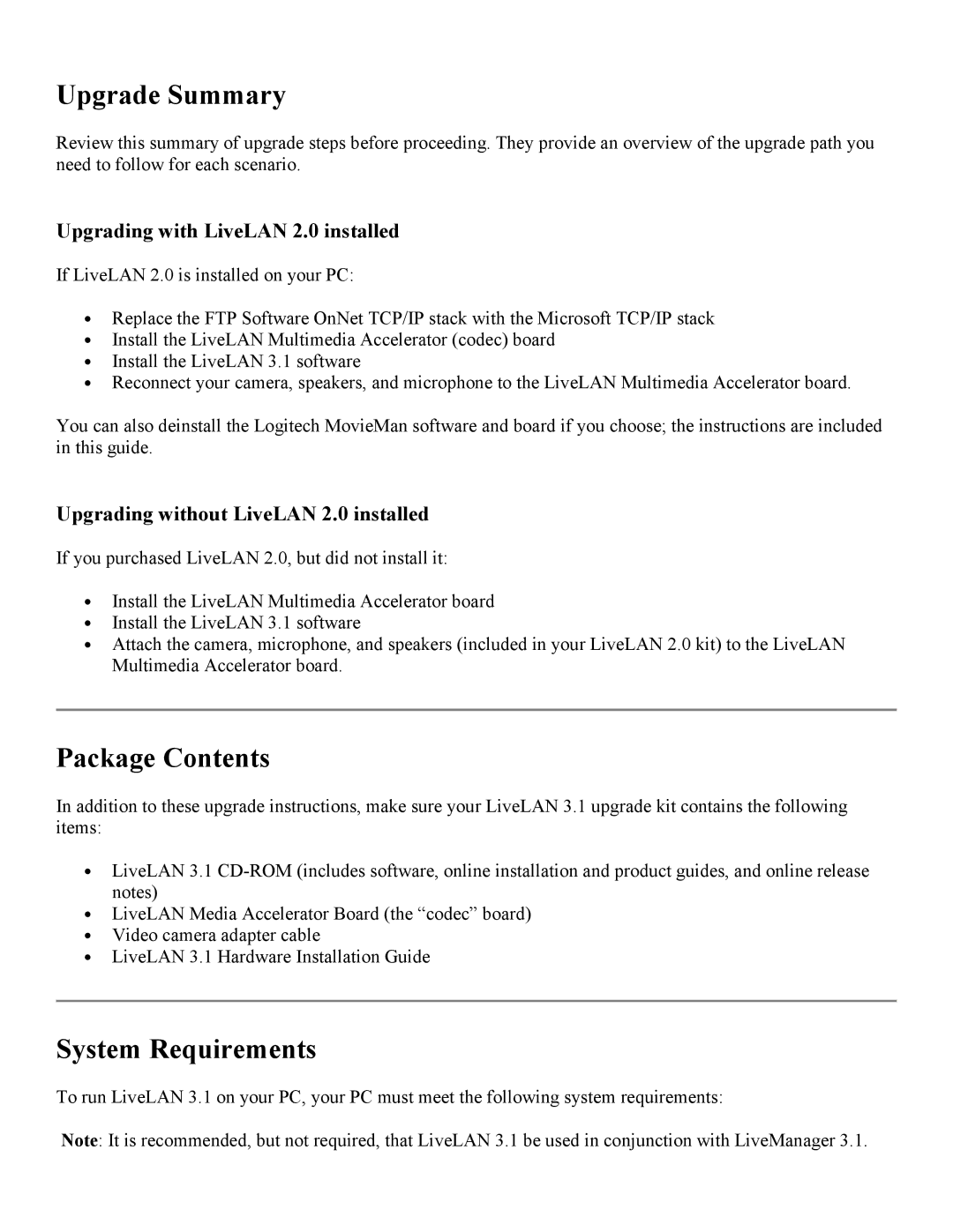 PictureTel 3.1, 2 manual Upgrade Summary, Package Contents, System Requirements 