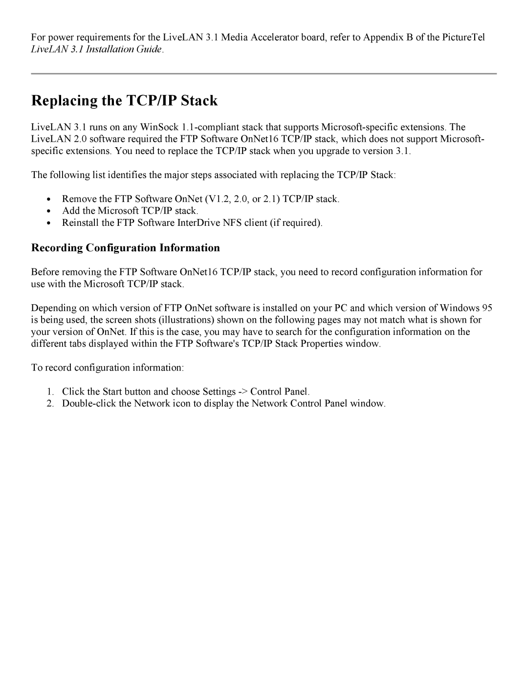 PictureTel 3.1, 2 manual Replacing the TCP/IP Stack, Recording Configuration Information 