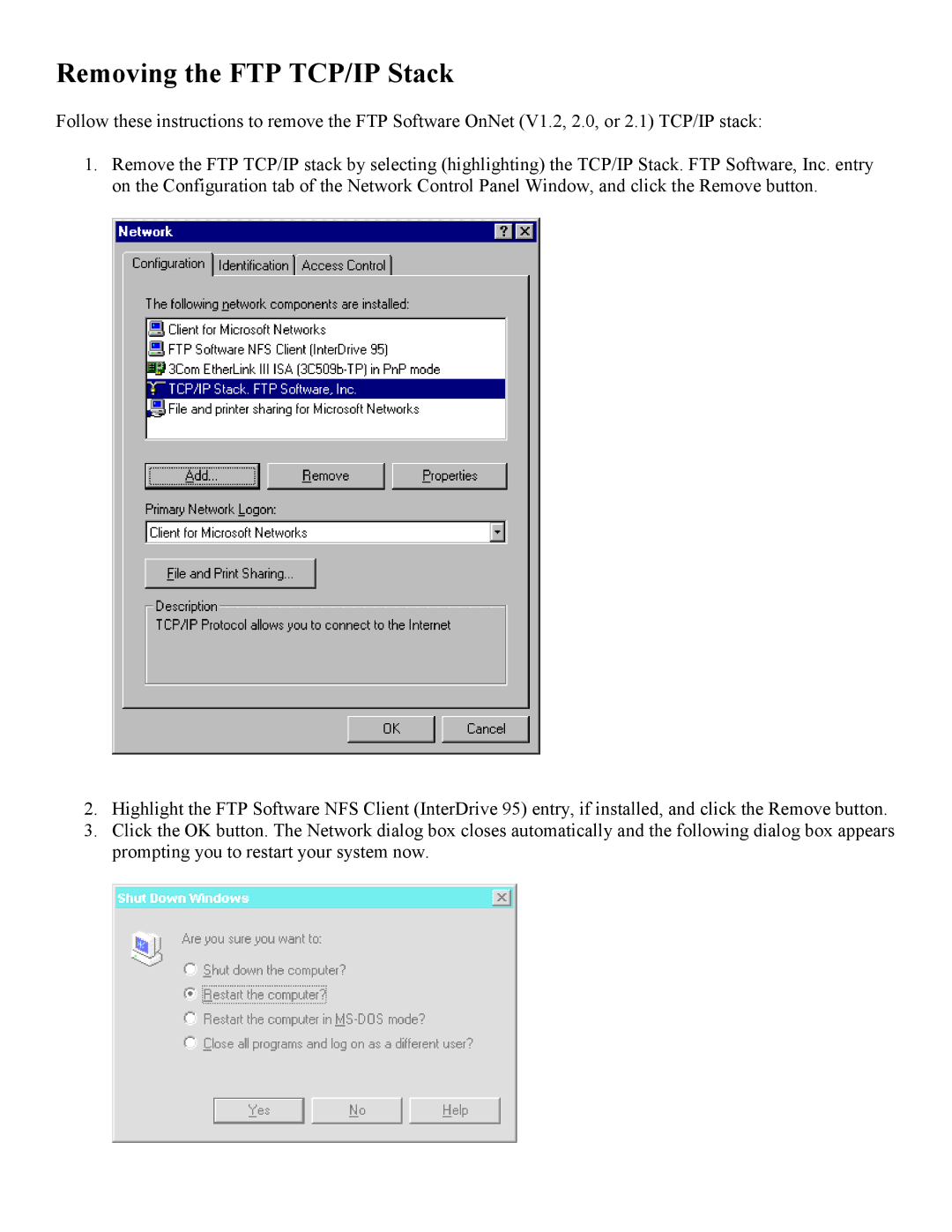 PictureTel 3.1, 2 manual Removing the FTP TCP/IP Stack 