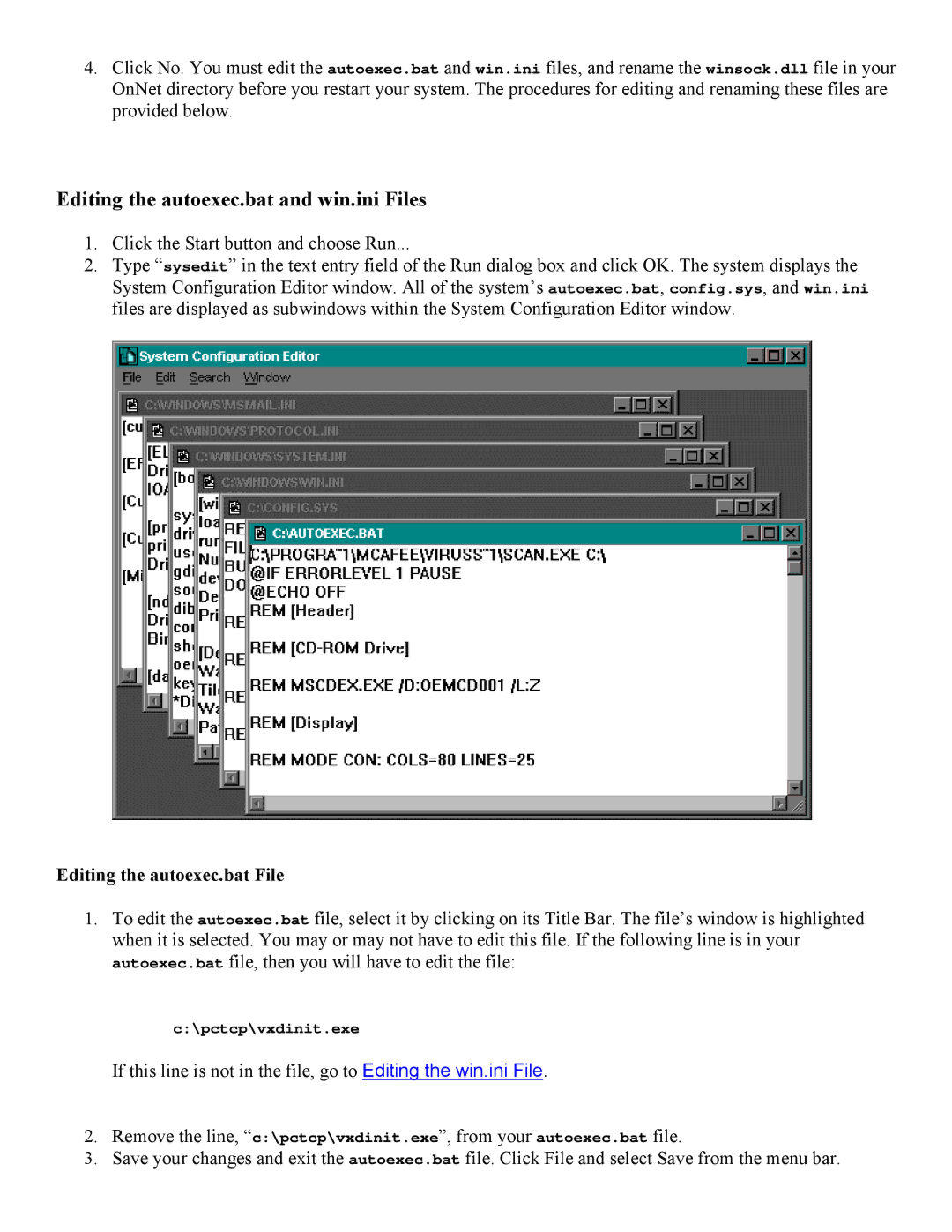 PictureTel 2, 3.1 manual Editing the autoexec.bat and win.ini Files, Editing the autoexec.bat File 