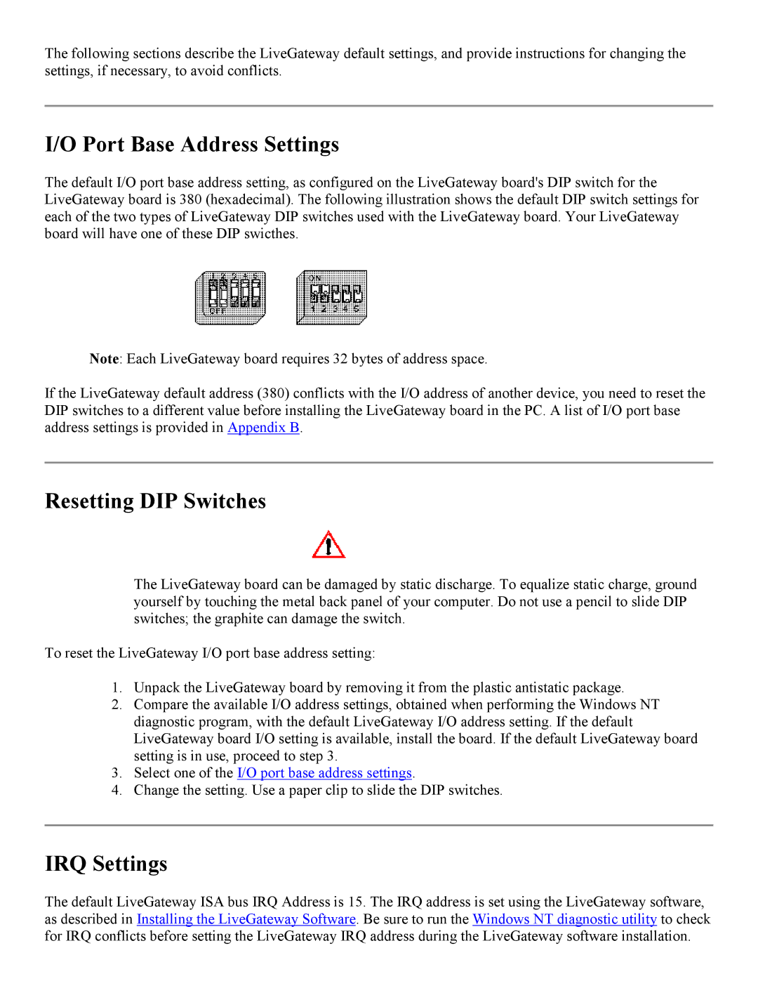 PictureTel 3.1 appendix Port Base Address Settings, Resetting DIP Switches, IRQ Settings 