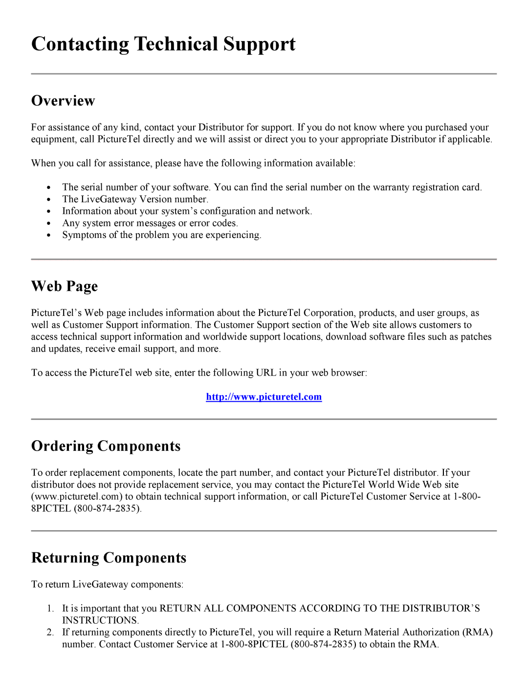 PictureTel 3.1 appendix Contacting Technical Support, Web, Ordering Components Returning Components 