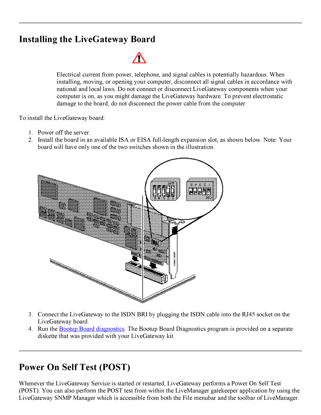 PictureTel 3.1 appendix Installing the LiveGateway Board, Power On Self Test Post 