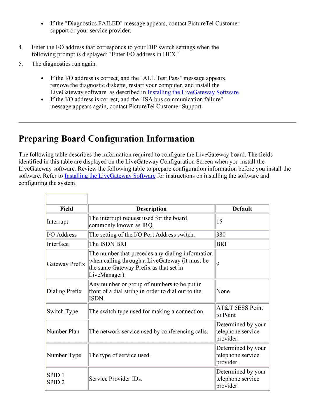 PictureTel 3.1 appendix Preparing Board Configuration Information, Field Description Default, Spid 1 Spid 