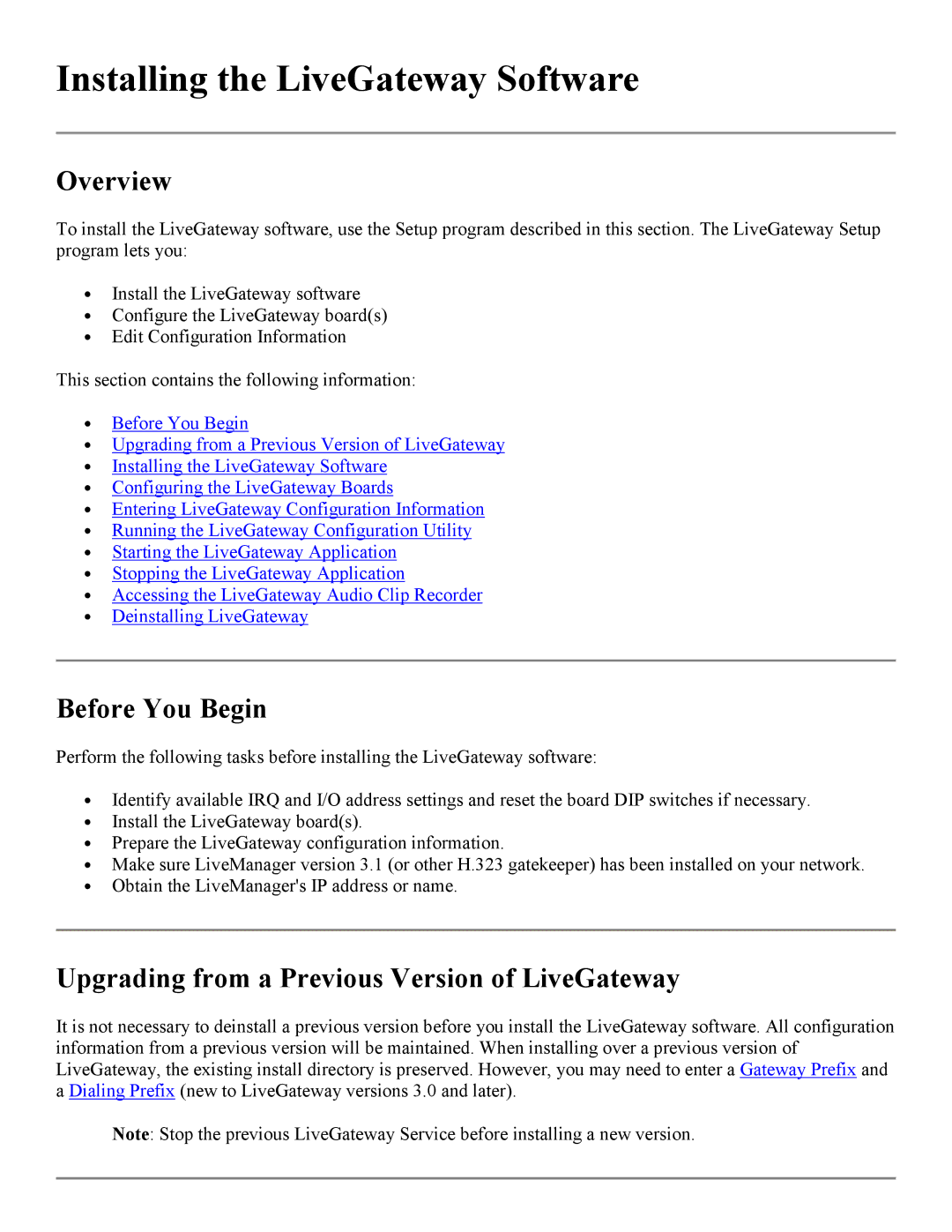 PictureTel 3.1 Installing the LiveGateway Software, Before You Begin, Upgrading from a Previous Version of LiveGateway 