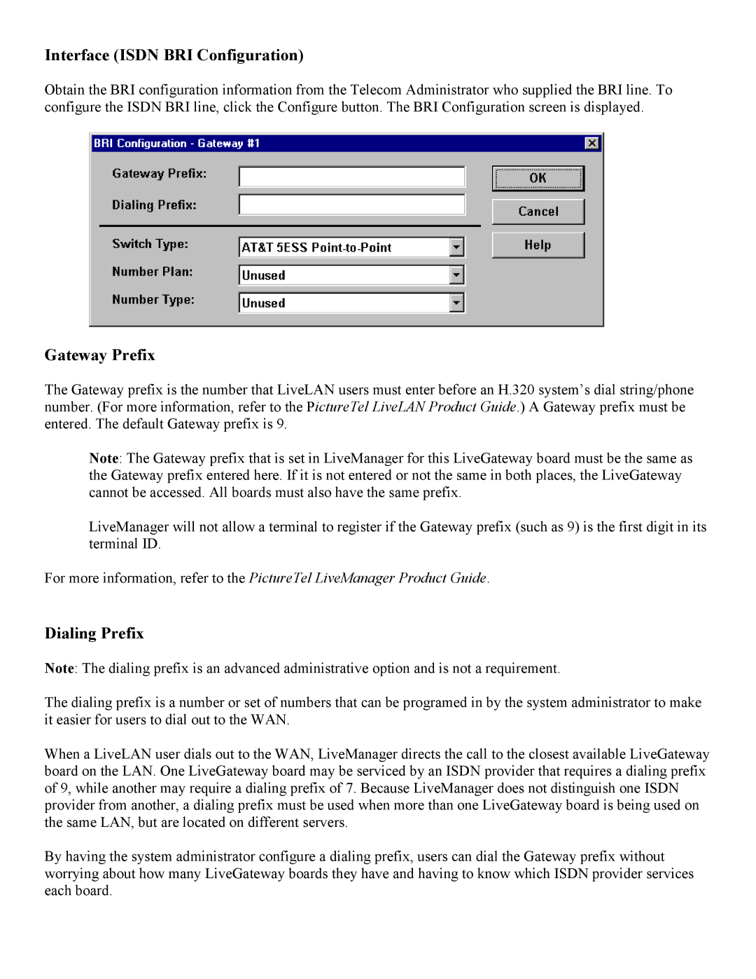 PictureTel 3.1 appendix Interface Isdn BRI Configuration, Gateway Prefix, Dialing Prefix 