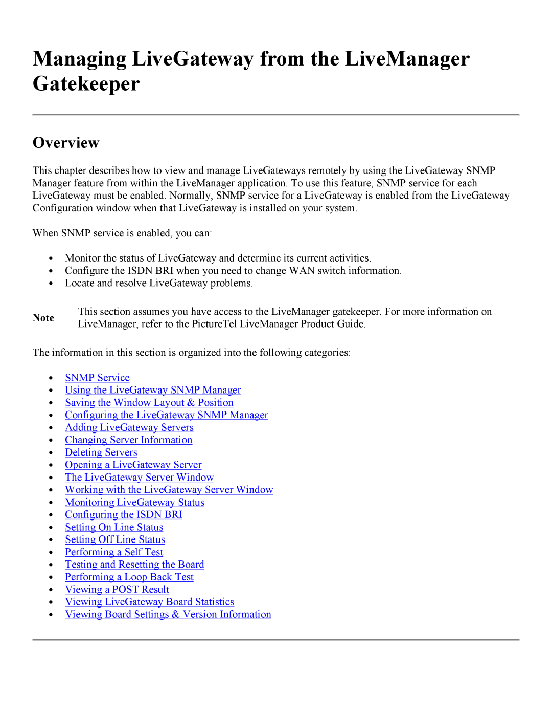 PictureTel 3.1 appendix Managing LiveGateway from the LiveManager Gatekeeper, Overview 