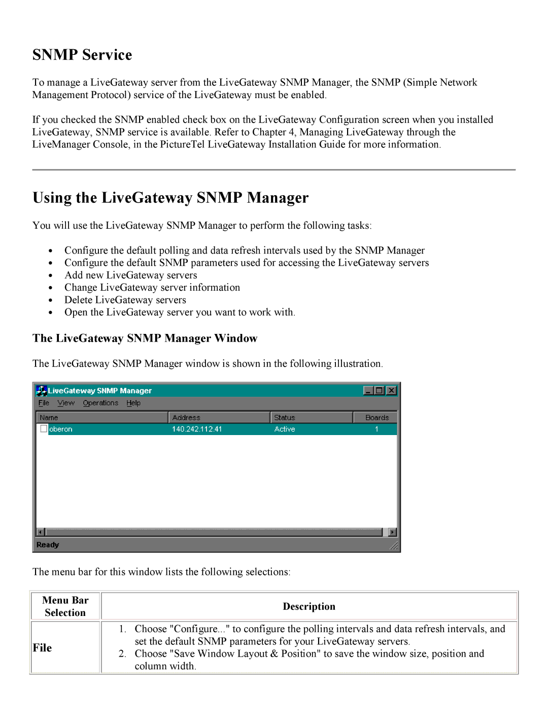 PictureTel 3.1 Snmp Service, Using the LiveGateway Snmp Manager, LiveGateway Snmp Manager Window, File, Menu Bar Selection 