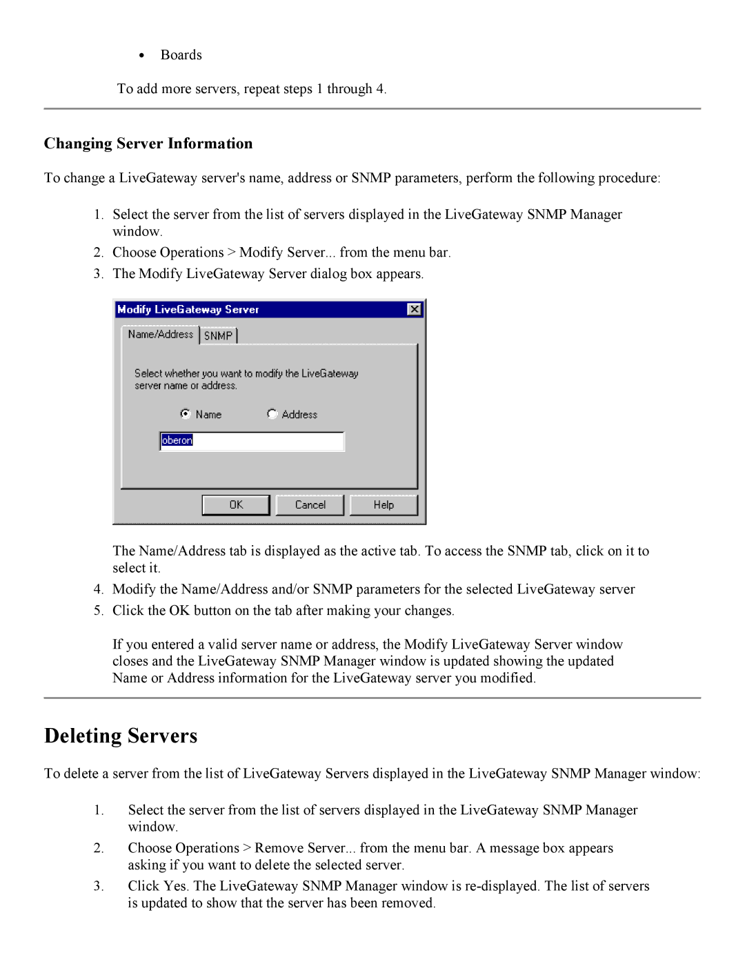 PictureTel 3.1 appendix Deleting Servers, Changing Server Information 