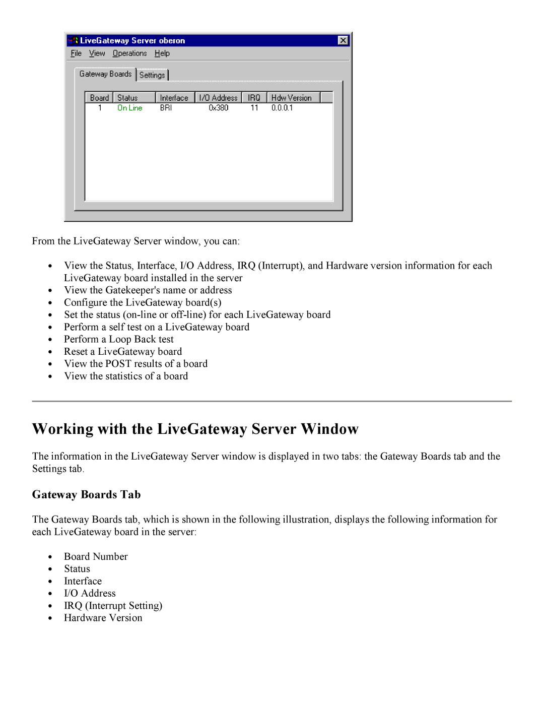 PictureTel 3.1 appendix Working with the LiveGateway Server Window, Gateway Boards Tab 