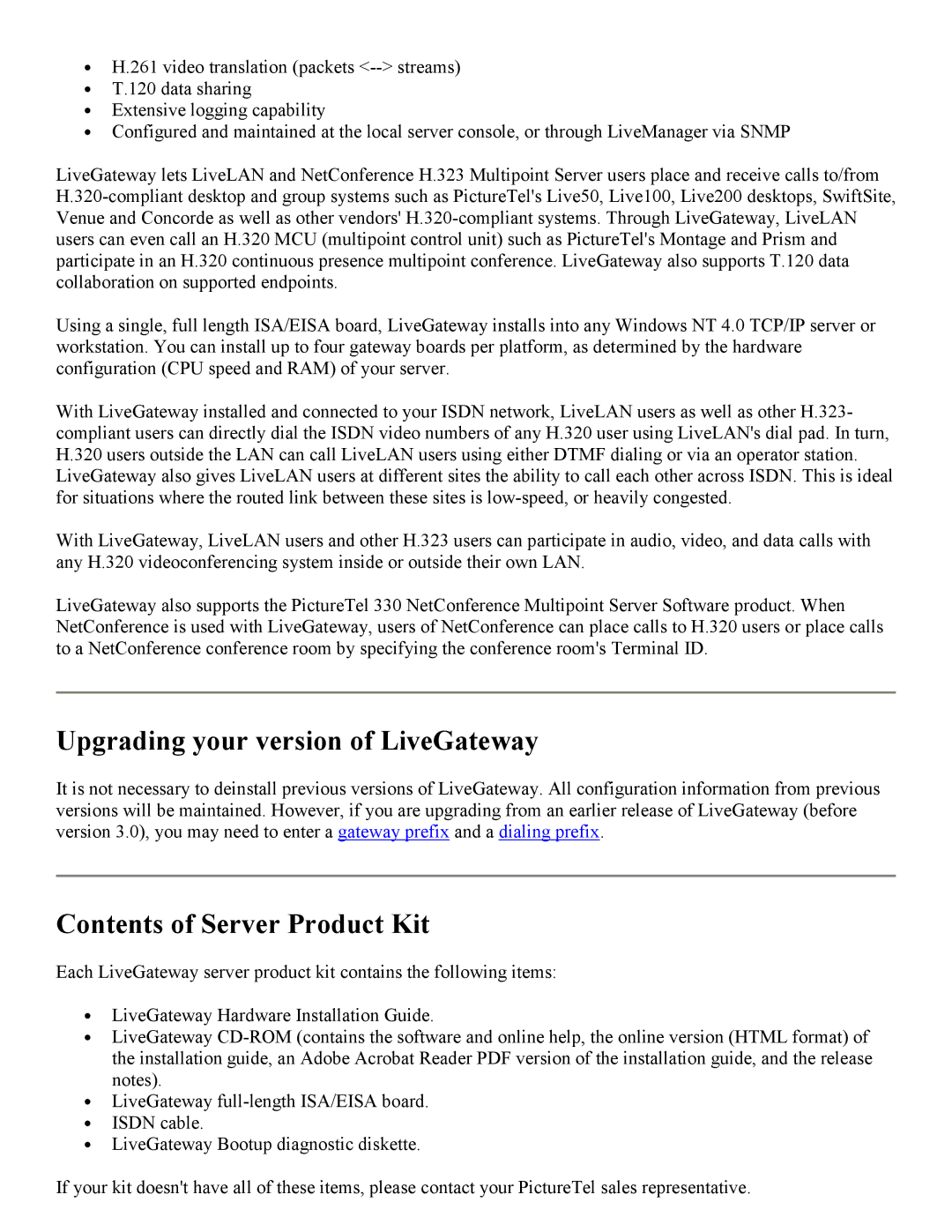 PictureTel 3.1 appendix Upgrading your version of LiveGateway, Contents of Server Product Kit 