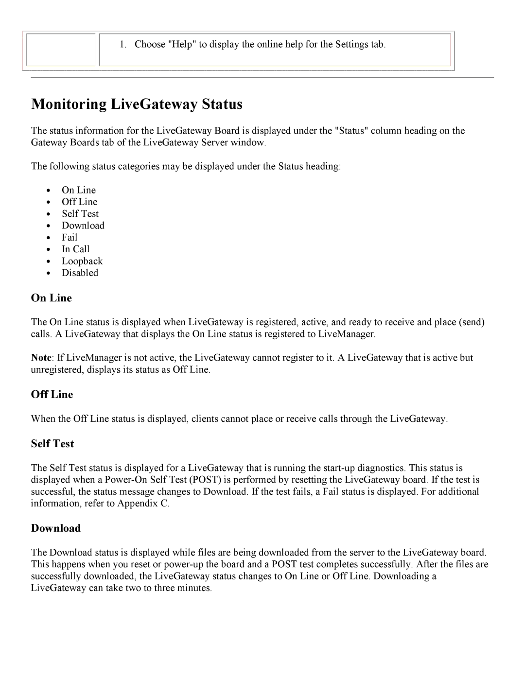 PictureTel 3.1 appendix Monitoring LiveGateway Status, On Line, Off Line, Self Test, Download 