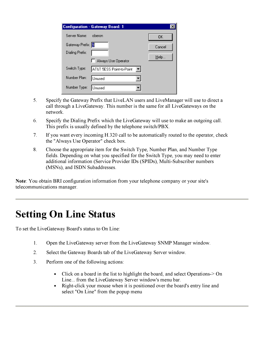 PictureTel 3.1 appendix Setting On Line Status 