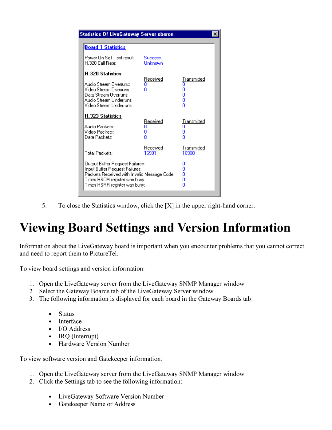 PictureTel 3.1 appendix Viewing Board Settings and Version Information 