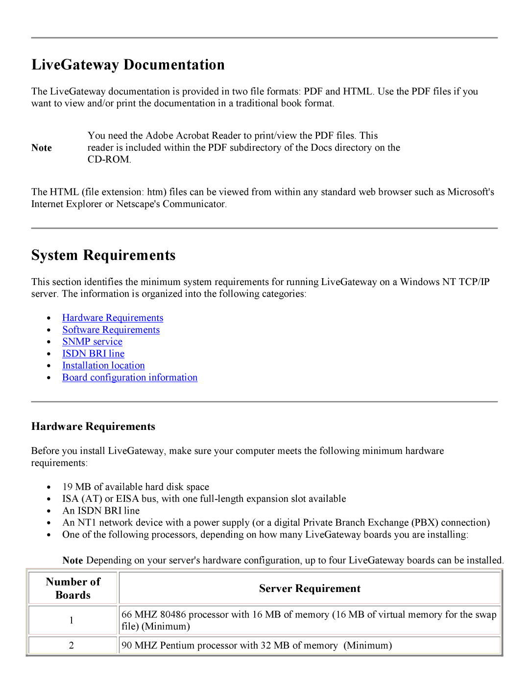 PictureTel 3.1 LiveGateway Documentation, System Requirements, Hardware Requirements, Number Boards Server Requirement 