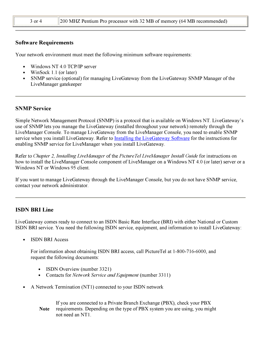 PictureTel 3.1 appendix Software Requirements, Snmp Service, Isdn BRI Line 