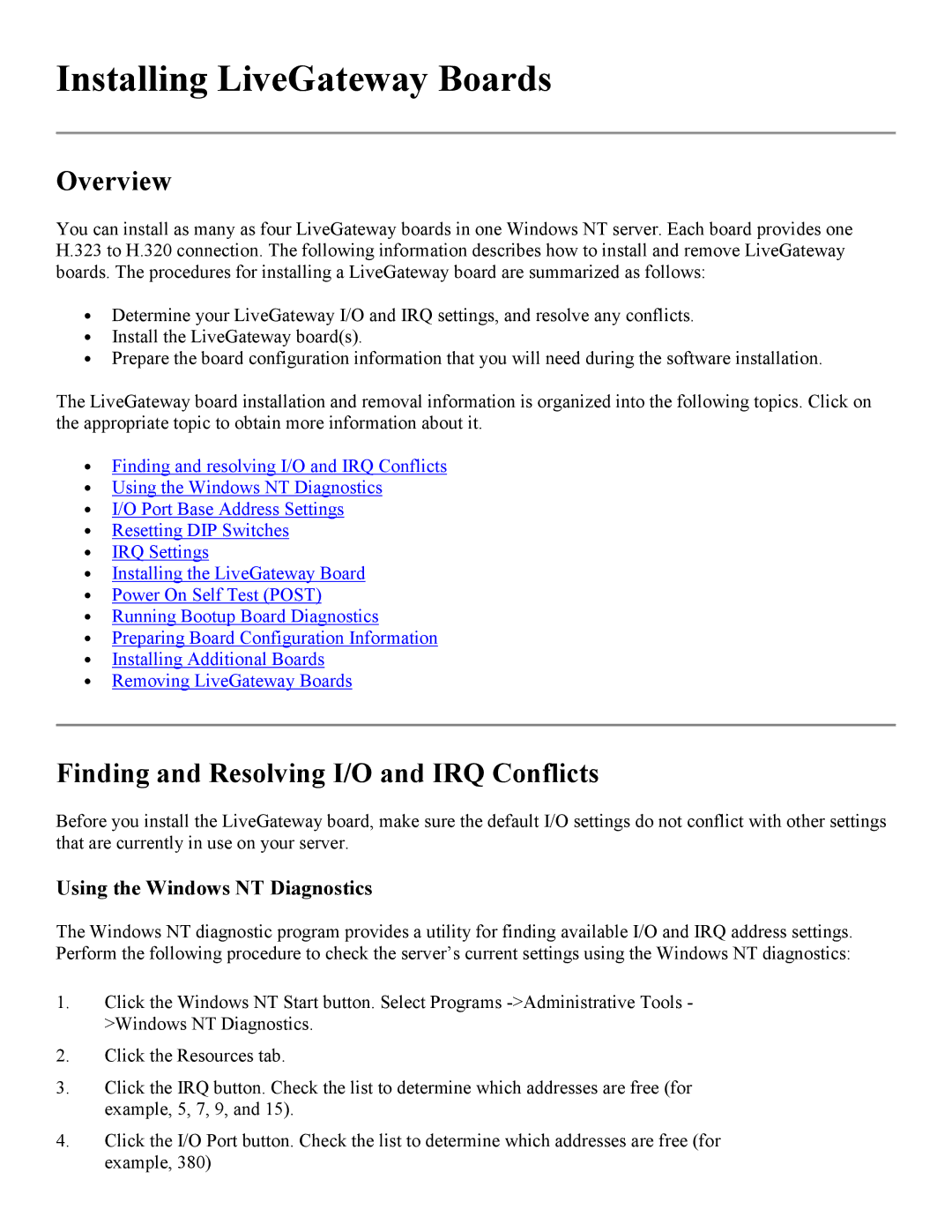 PictureTel 3.1 appendix Installing LiveGateway Boards, Finding and Resolving I/O and IRQ Conflicts 