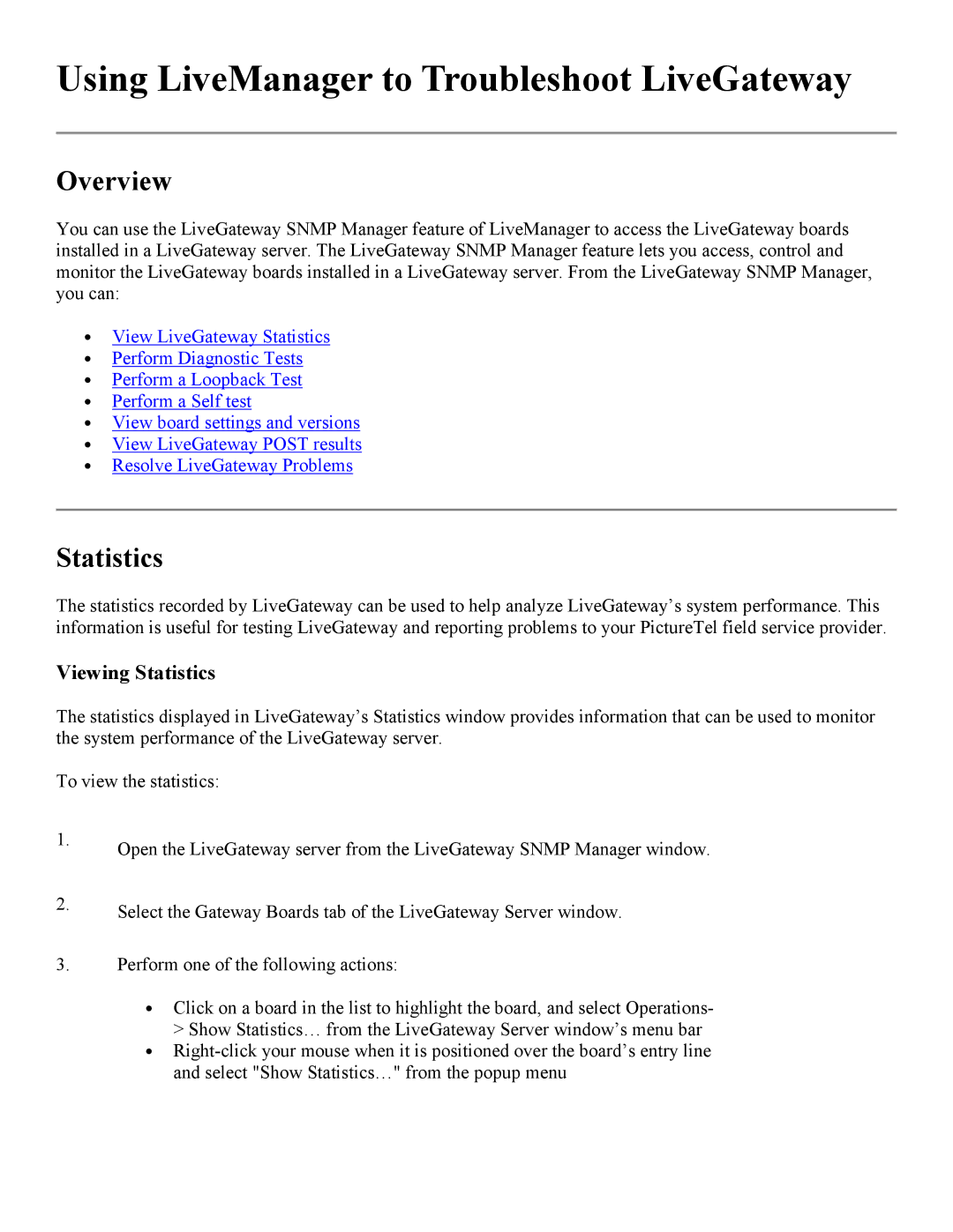 PictureTel 3.1 appendix Using LiveManager to Troubleshoot LiveGateway, Viewing Statistics 