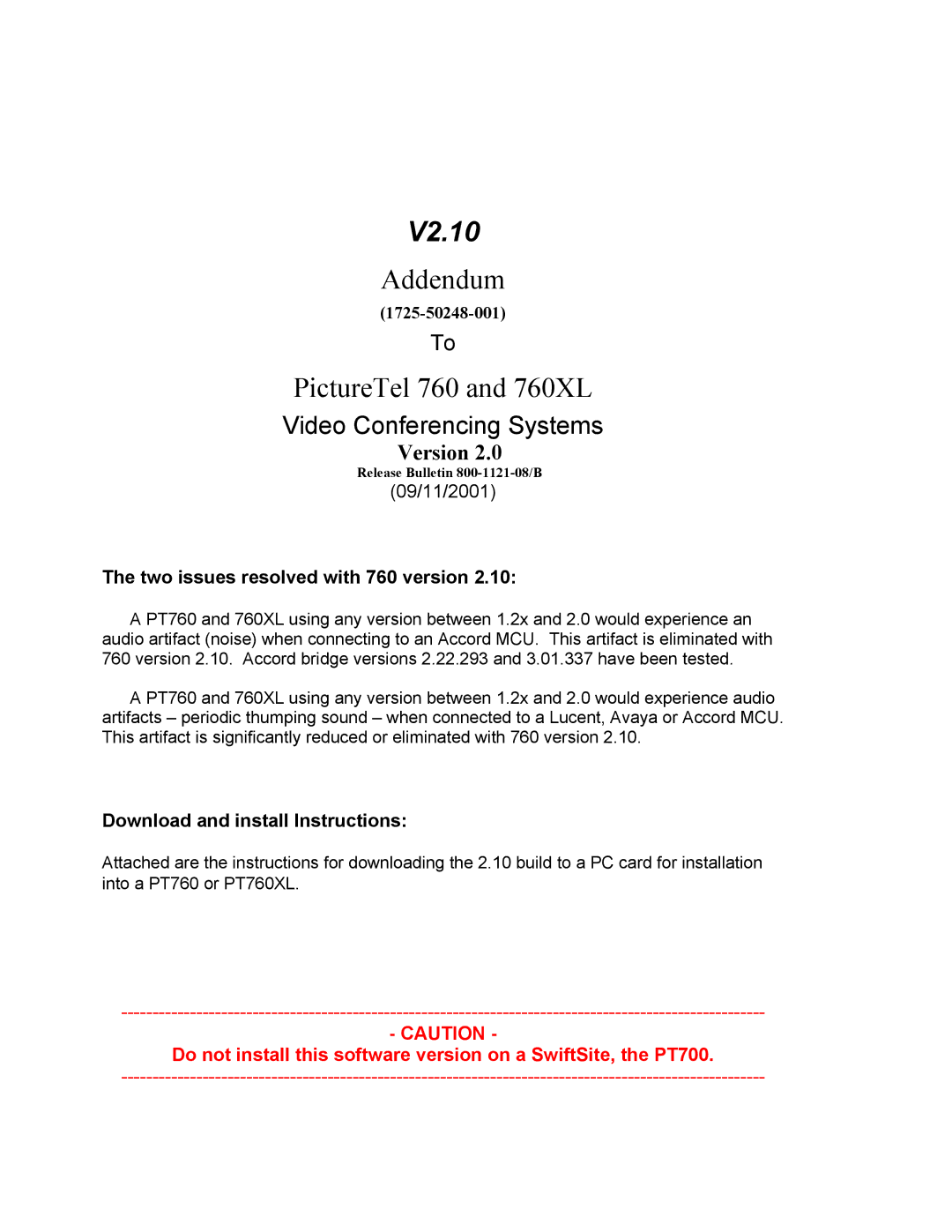 PictureTel manual V2.10, Addendum, PictureTel 760 and 760XL, Video Conferencing Systems, Version 