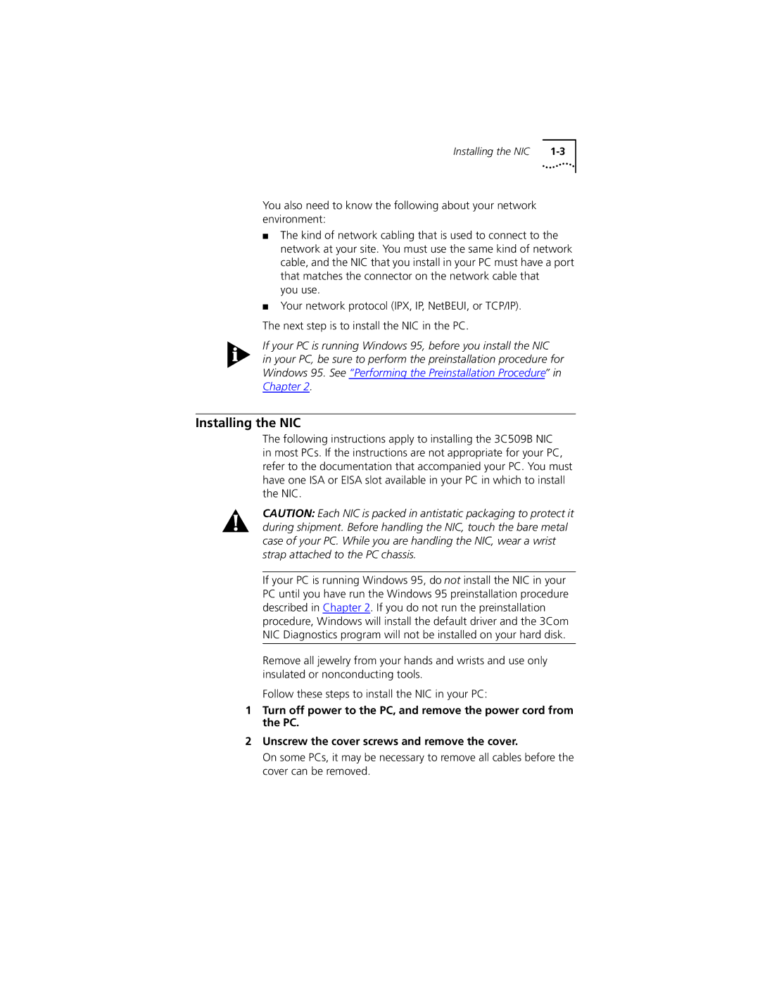 PictureTel III ISA manual Installing the NIC 