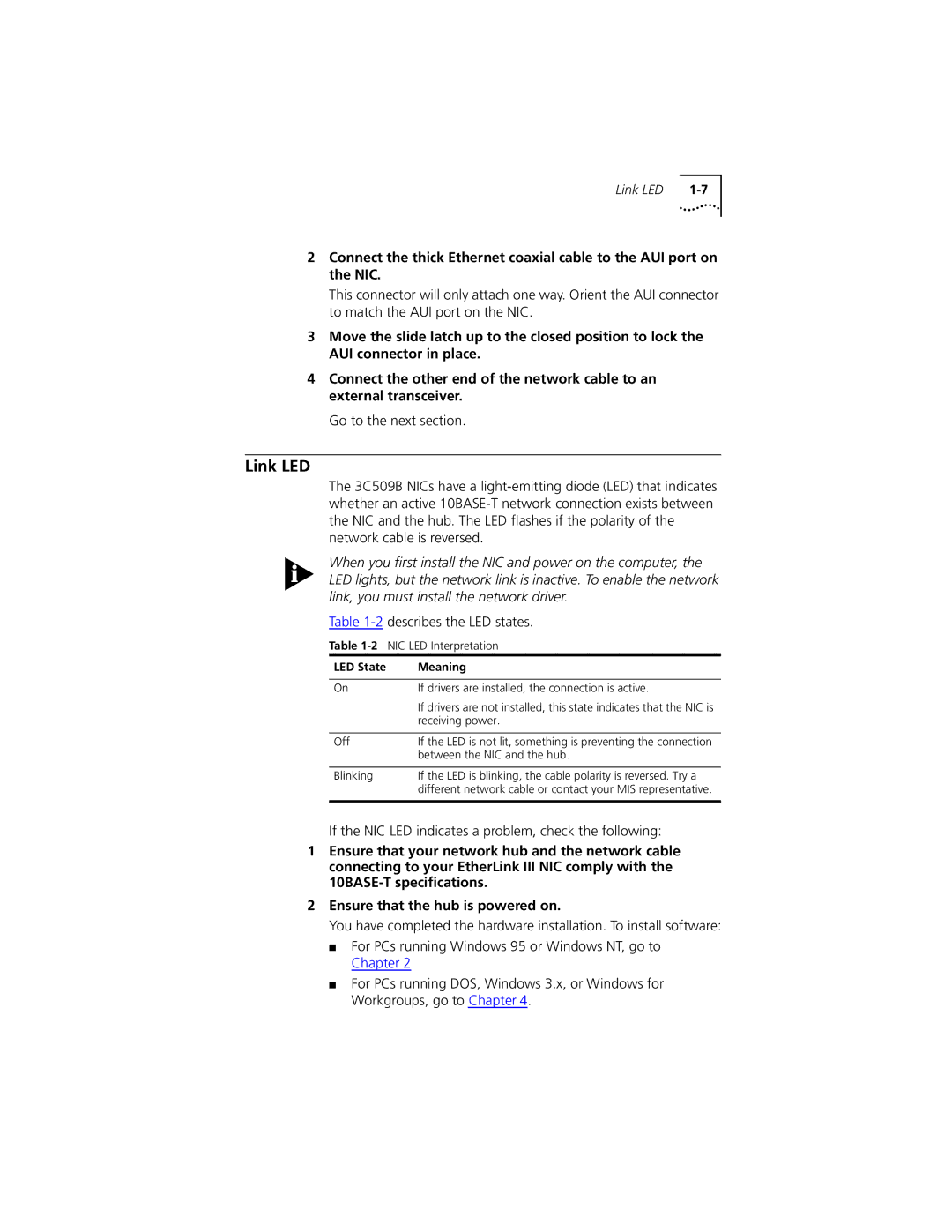 PictureTel III ISA manual Link LED, Go to the next section, Describes the LED states, LED State Meaning 