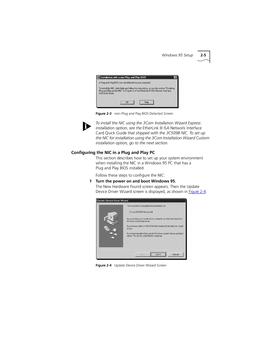 PictureTel III ISA manual Conﬁguring the NIC in a Plug and Play PC, Turn the power on and boot Windows 