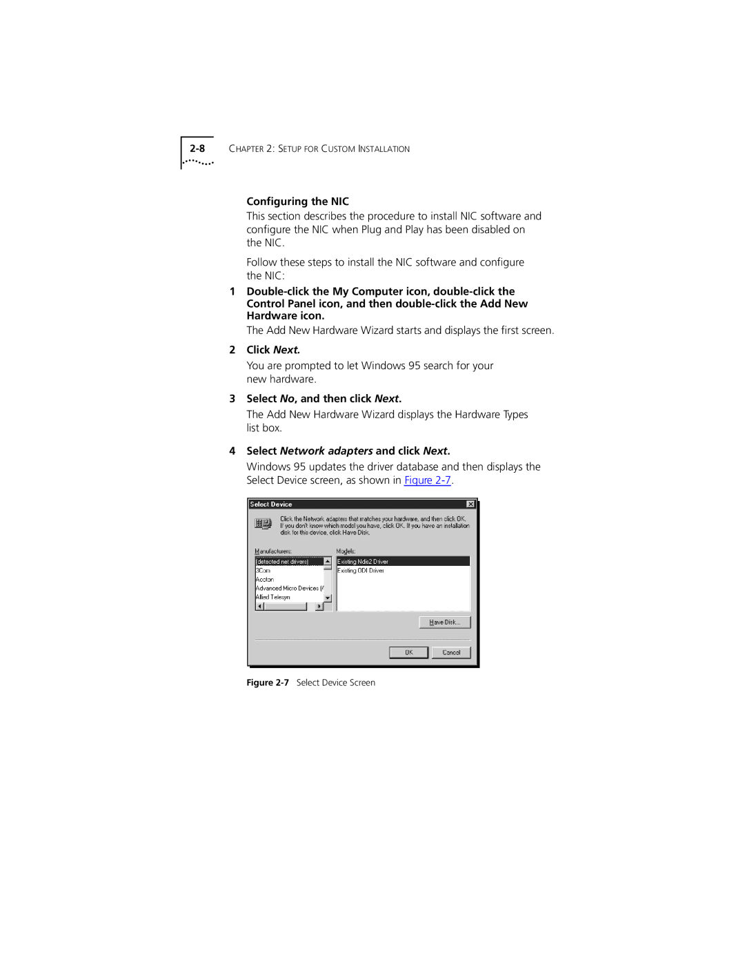 PictureTel III ISA manual Conﬁguring the NIC, Add New Hardware Wizard starts and displays the ﬁrst screen 