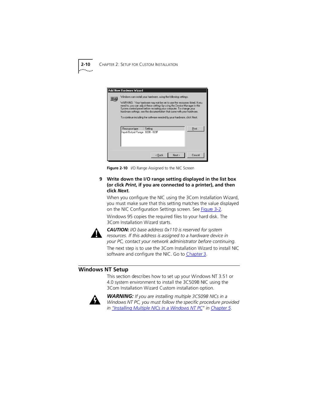 PictureTel III ISA manual Windows NT Setup, 10I/O Range Assigned to the NIC Screen 