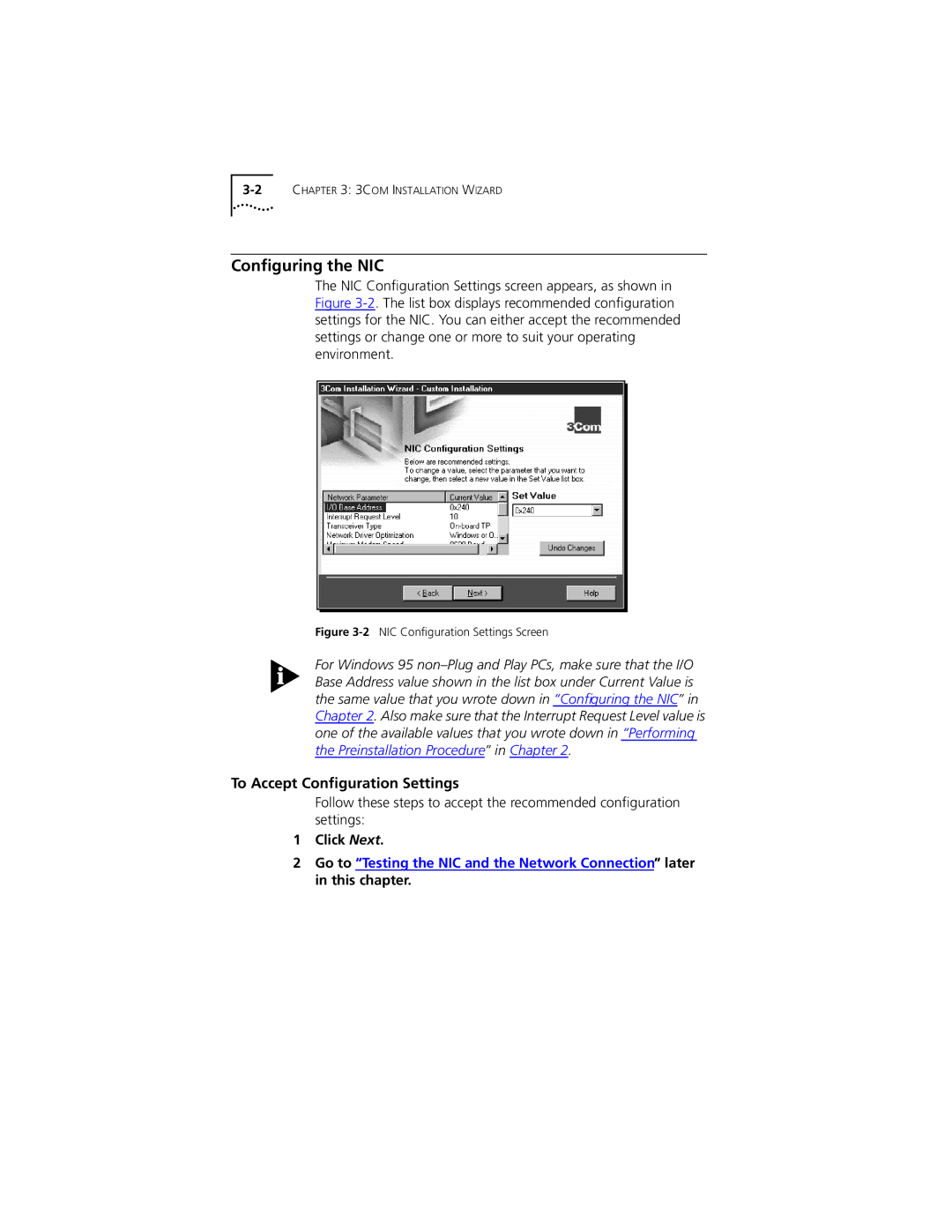 PictureTel III ISA manual Conﬁguring the NIC, To Accept Conﬁguration Settings 