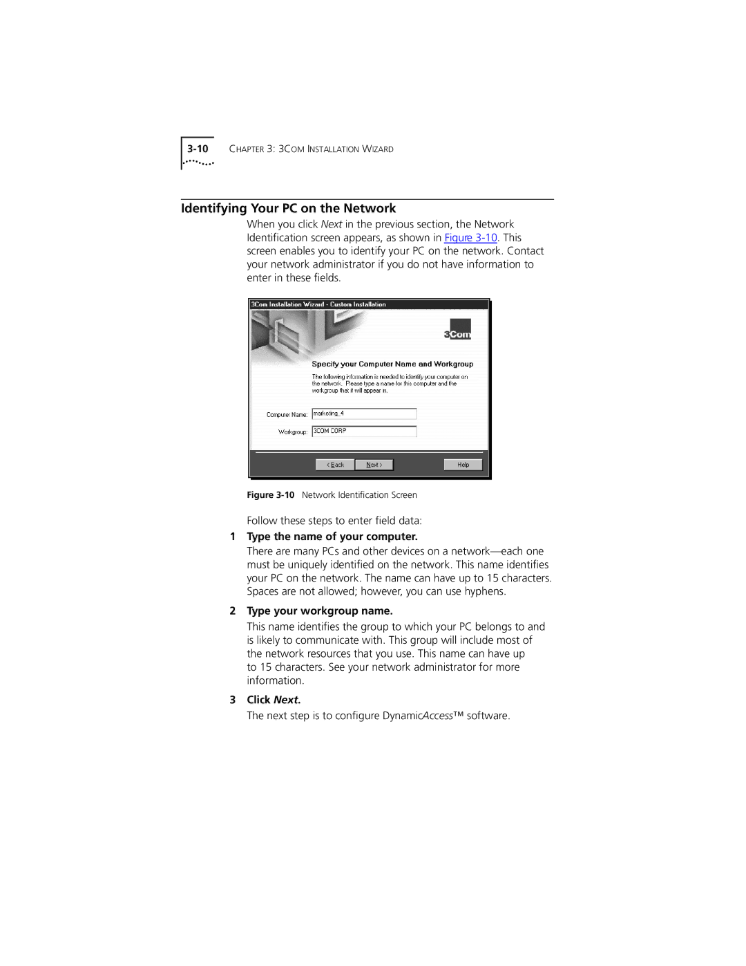 PictureTel III ISA Identifying Your PC on the Network, Follow these steps to enter ﬁeld data, Type your workgroup name 