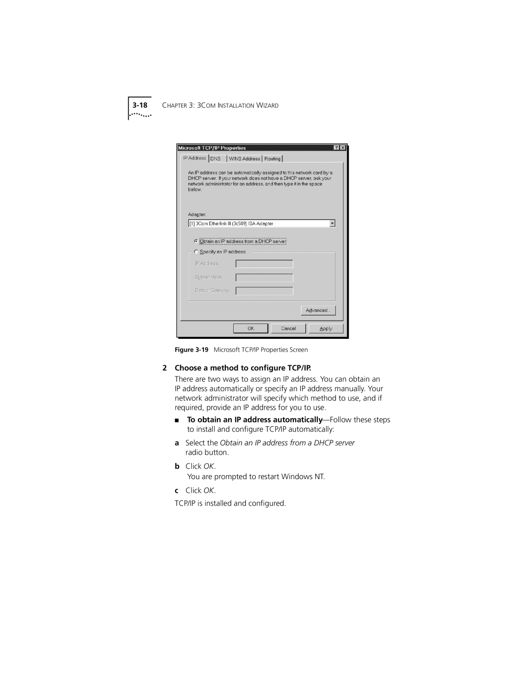 PictureTel III ISA manual Choose a method to conﬁgure TCP/IP, 19Microsoft TCP/IP Properties Screen 