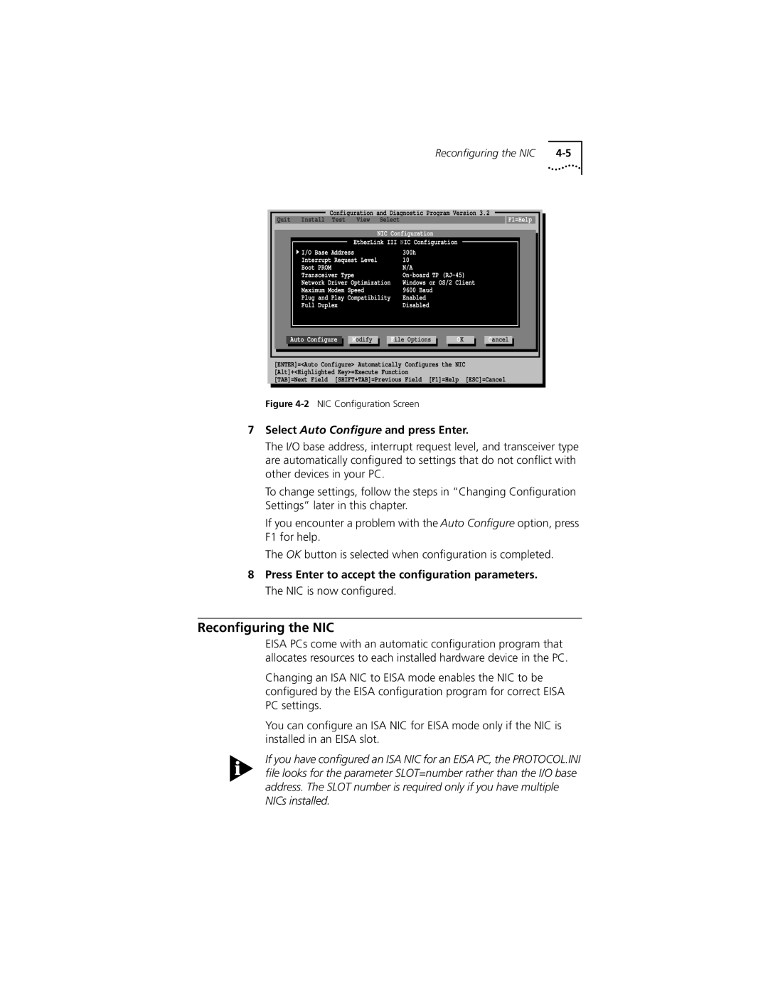 PictureTel III ISA manual Reconﬁguring the NIC, Select Auto Conﬁgure and press Enter 