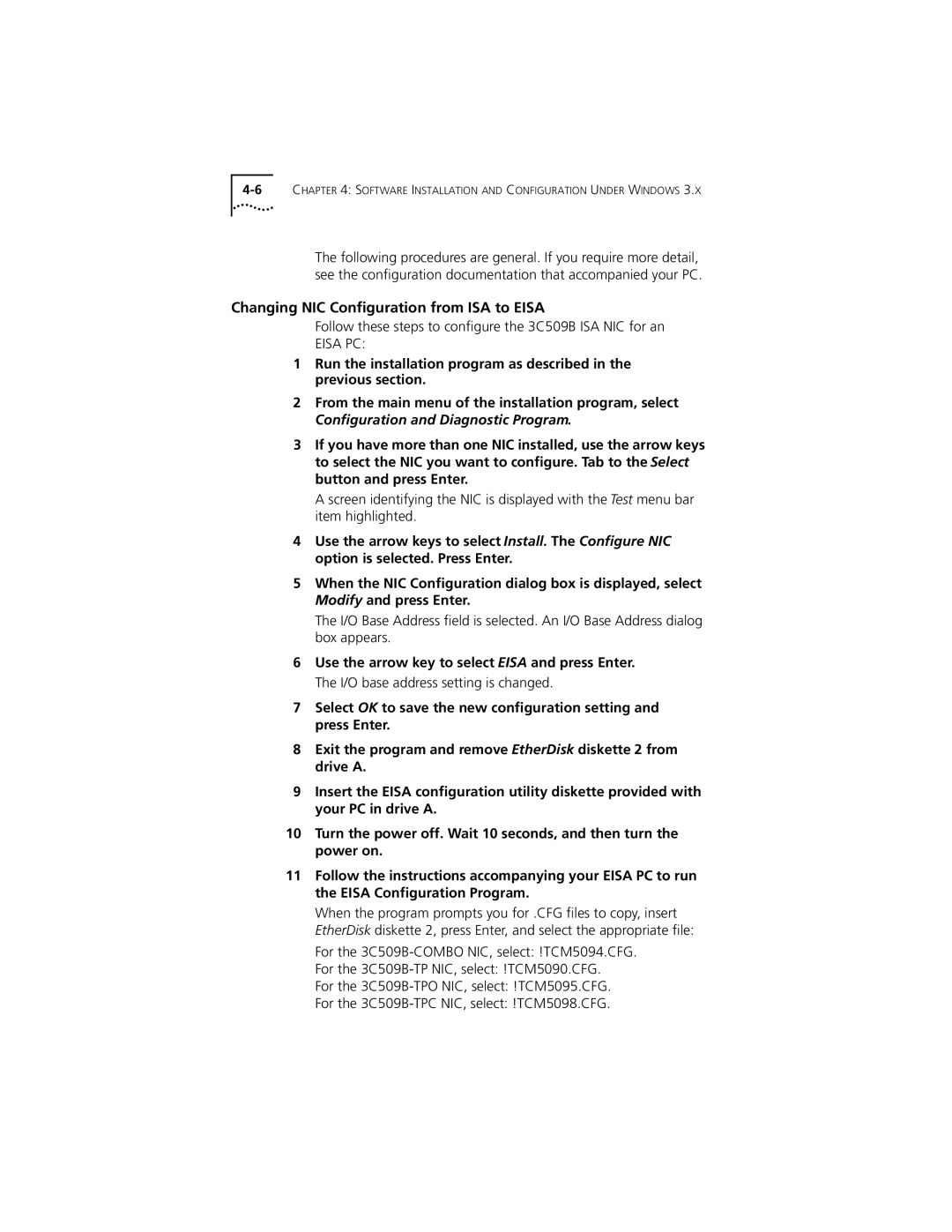 PictureTel III ISA Changing NIC Conﬁguration from ISA to Eisa, Follow these steps to conﬁgure the 3C509B ISA NIC for an 