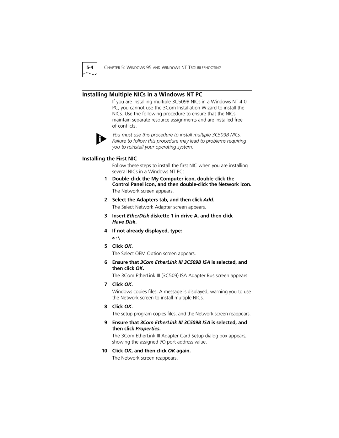 PictureTel III ISA manual Installing Multiple NICs in a Windows NT PC, Installing the First NIC 