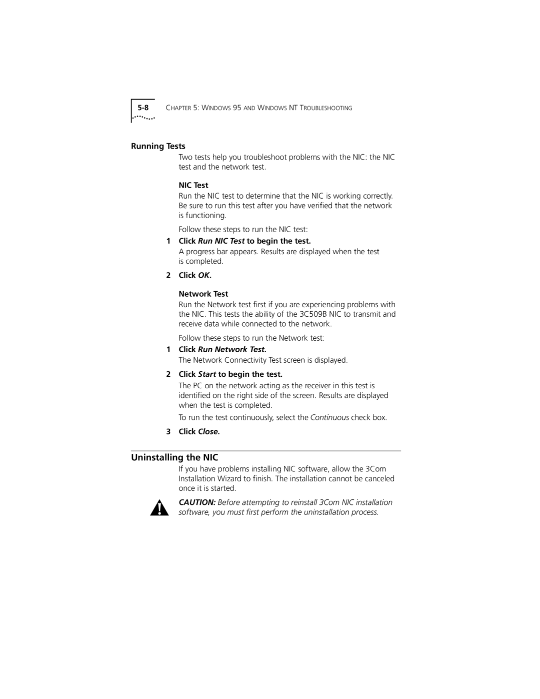 PictureTel III ISA manual Uninstalling the NIC, Running Tests 