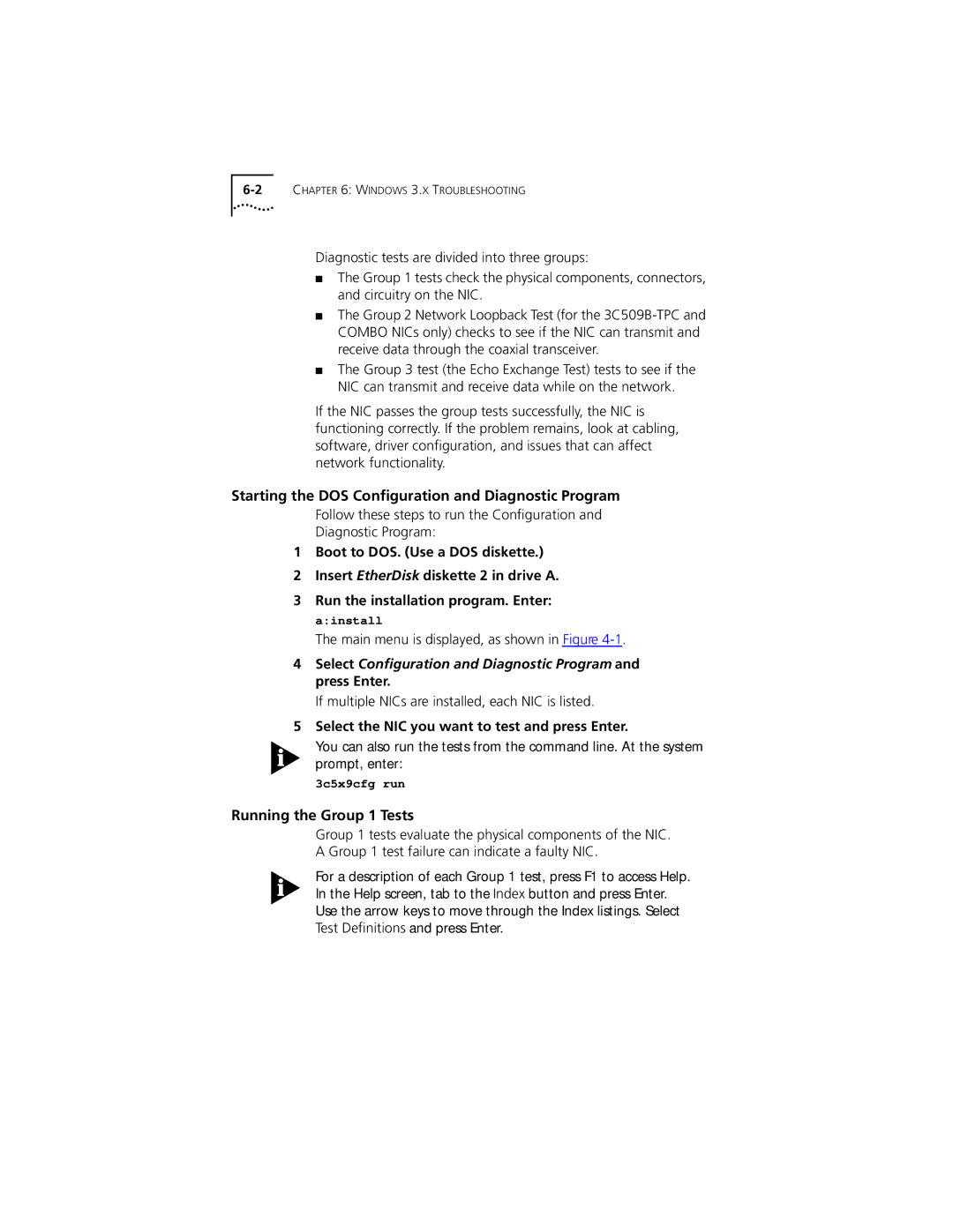 PictureTel III ISA manual Starting the DOS Conﬁguration and Diagnostic Program, Running the Group 1 Tests 