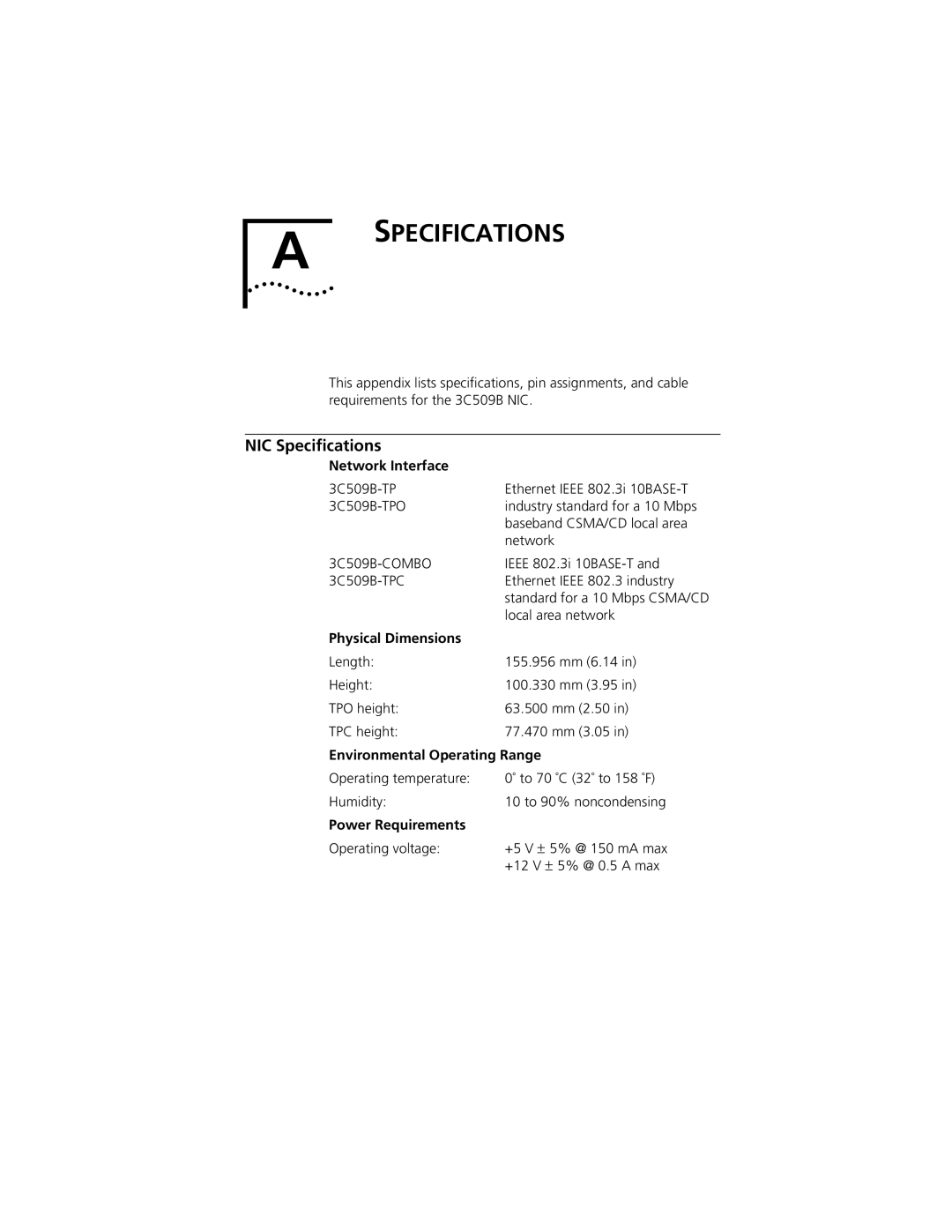 PictureTel III ISA manual Specifications, NIC Speciﬁcations 