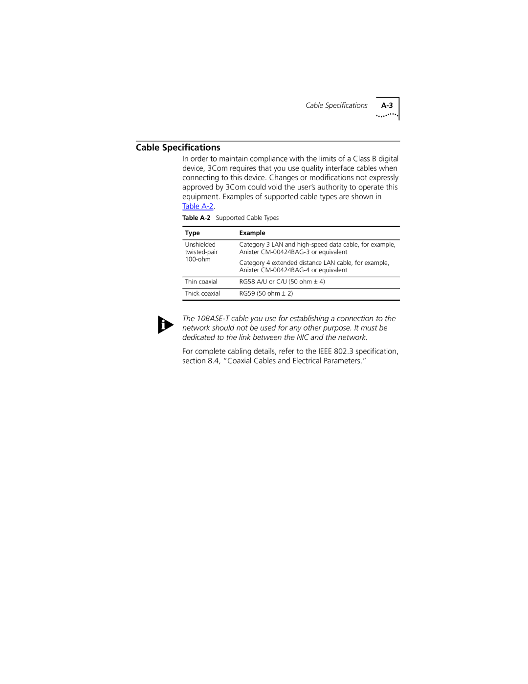 PictureTel III ISA manual Cable Speciﬁcations, TypeExample 