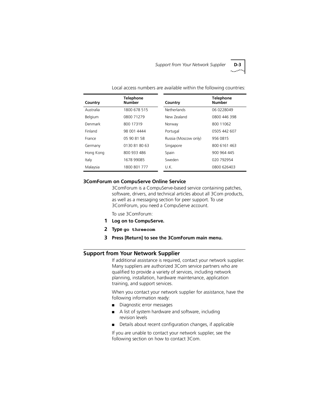 PictureTel III ISA manual Support from Your Network Supplier, 3ComForum on CompuServe Online Service, To use 3ComForum 