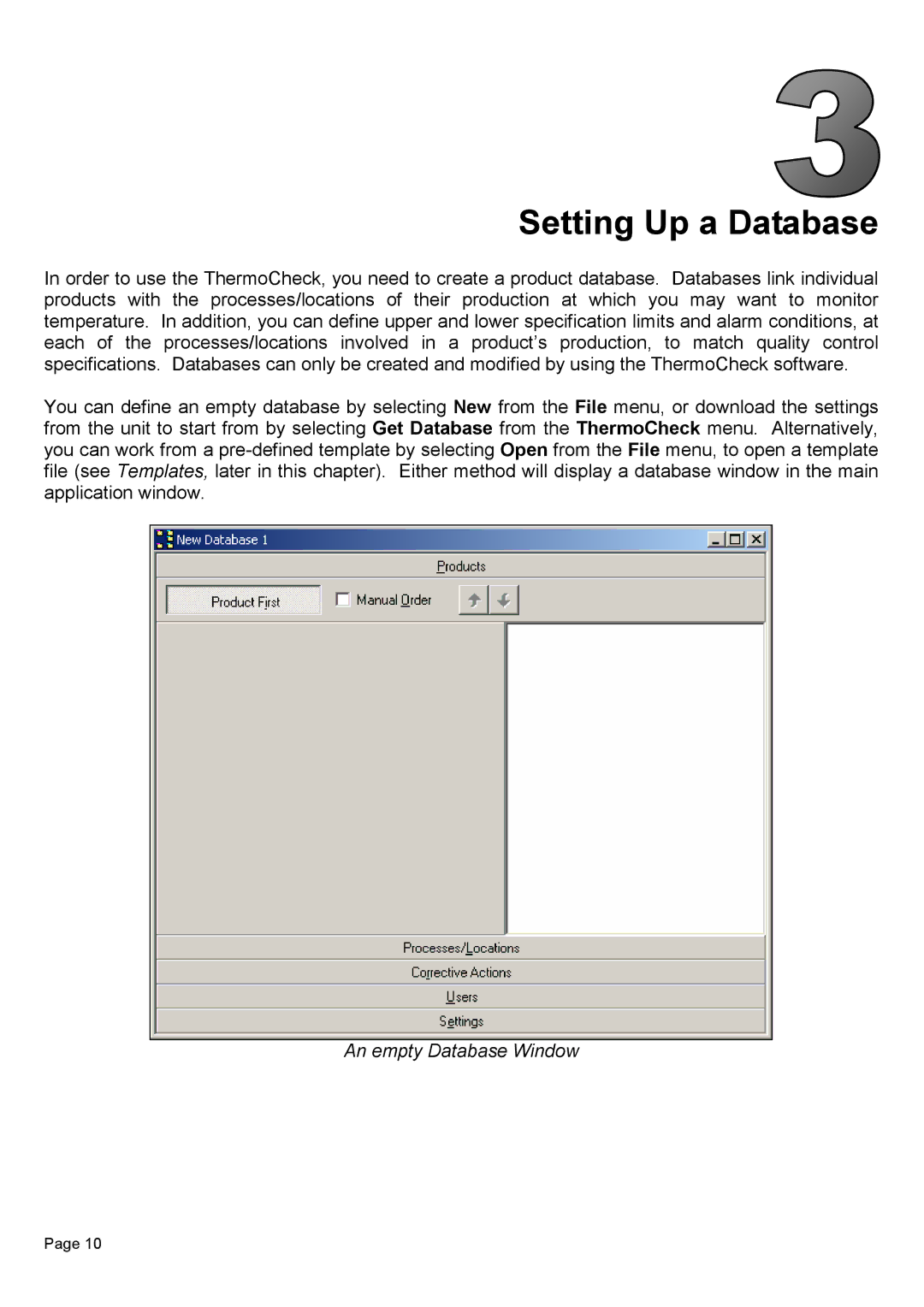 Piega 1.6 user manual Setting Up a Database, An empty Database Window 