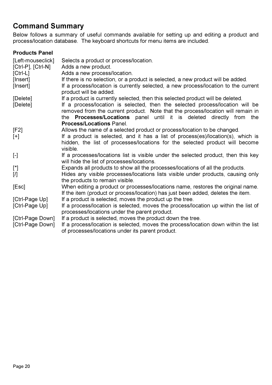 Piega 1.6 user manual Command Summary, Products Panel, Process/Locations Panel 