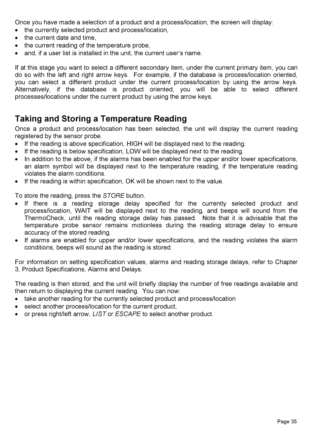 Piega 1.6 user manual Taking and Storing a Temperature Reading 