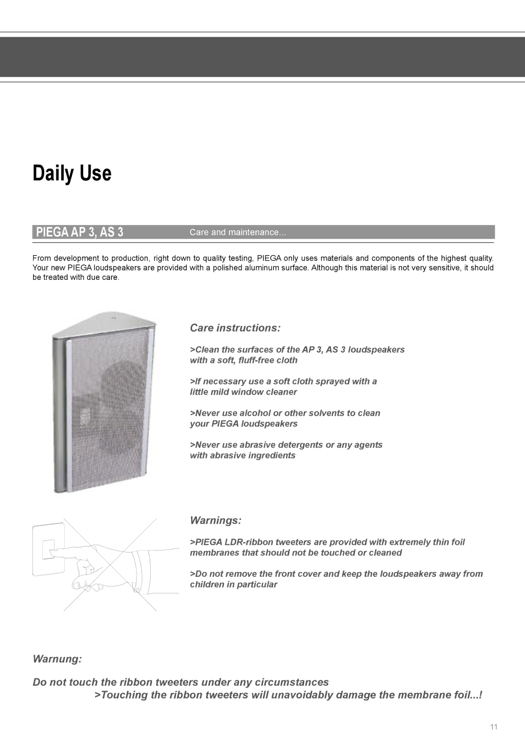 Piega AP 3 user manual Daily Use, Care instructions, Care and maintenance 