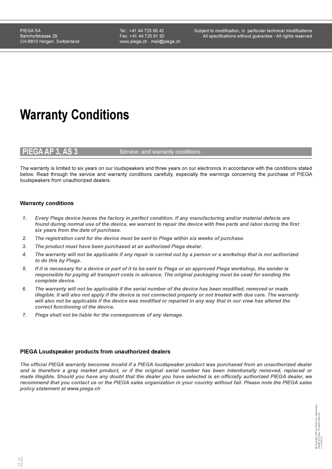 Piega AP 3 user manual Warranty Conditions, Service- and warranty conditions 