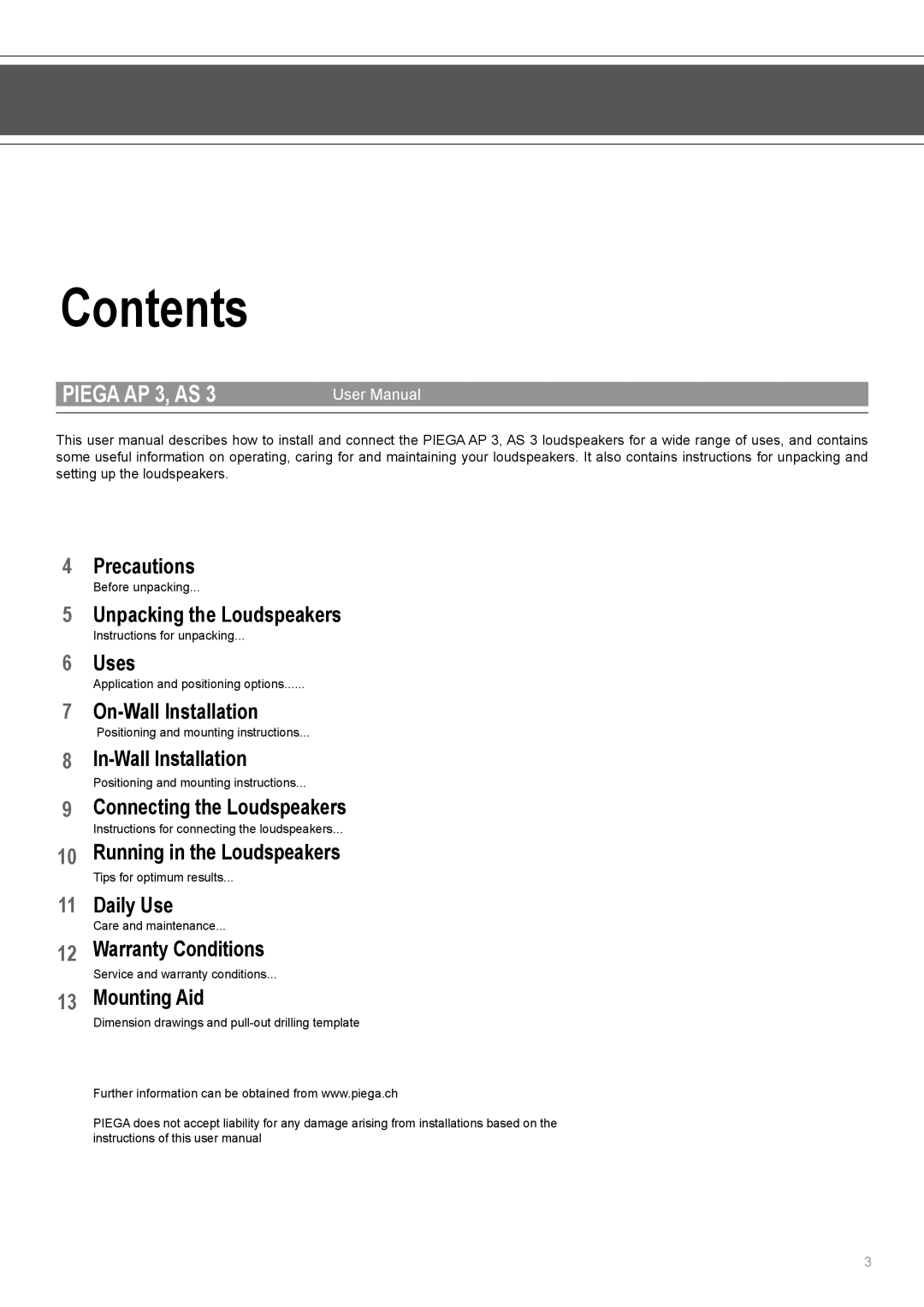 Piega AP 3 user manual Contents 