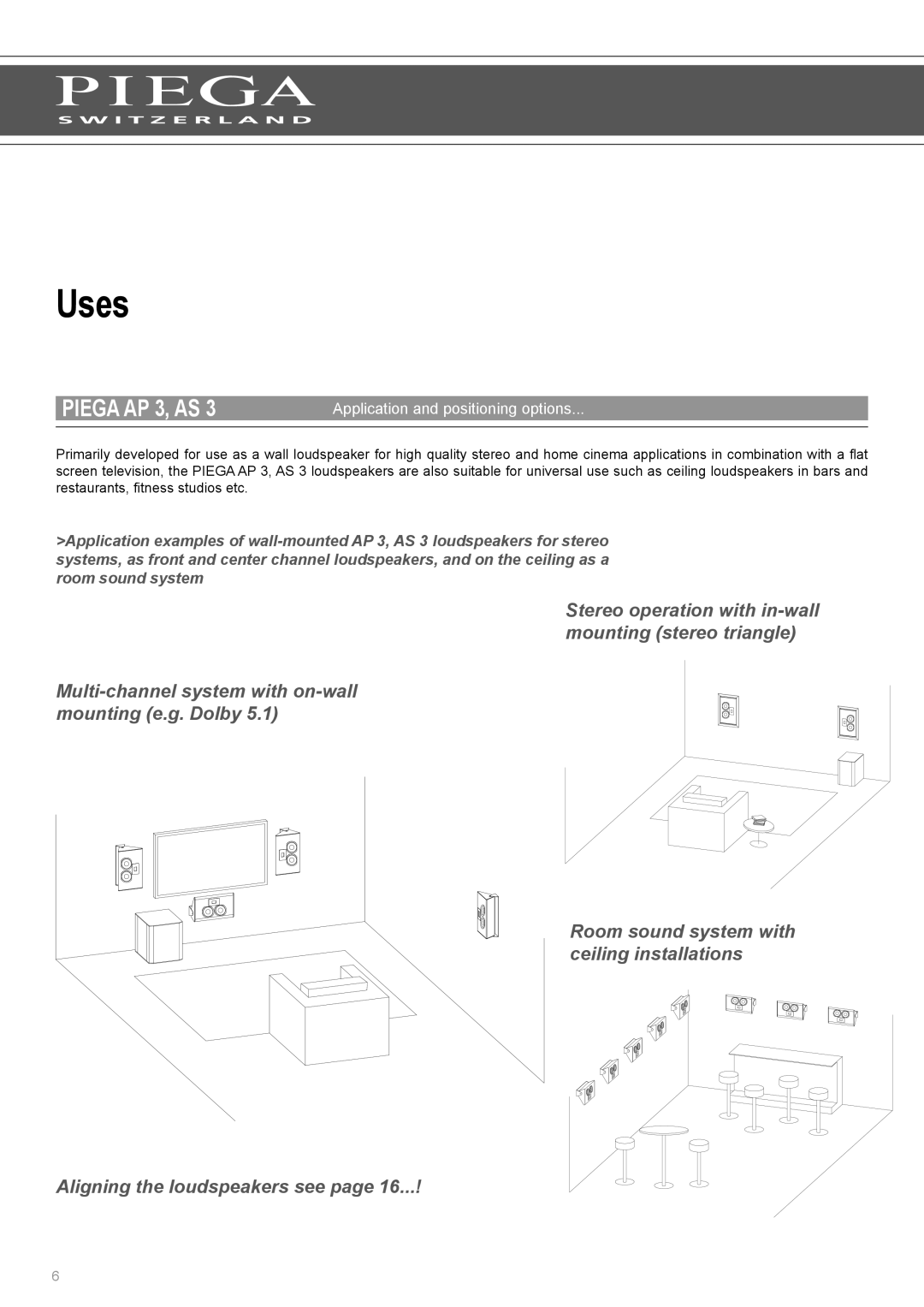 Piega AP 3 user manual Uses, Application and positioning options 