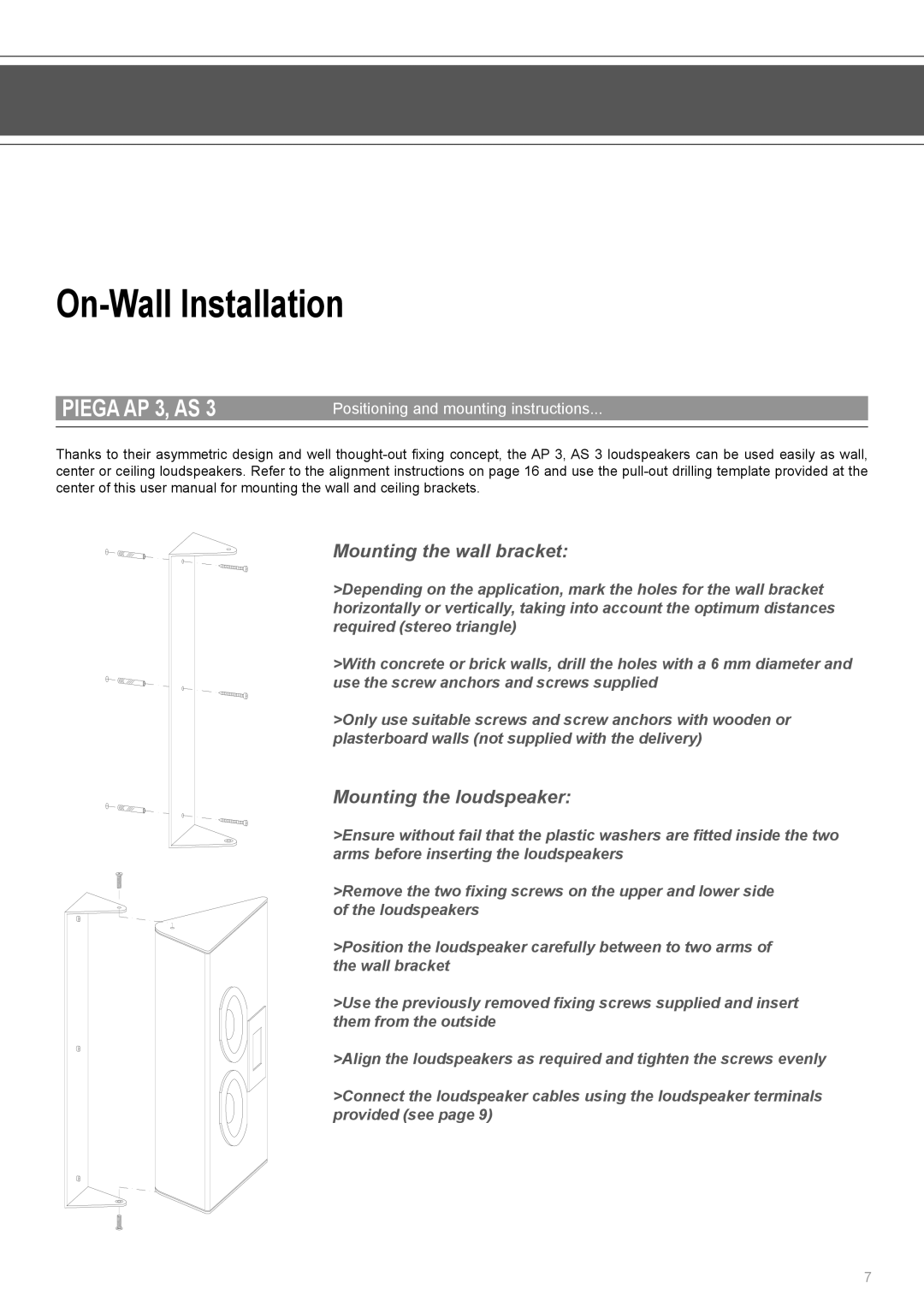 Piega AP 3 user manual On-Wall Installation, Mounting the wall bracket, Mounting the loudspeaker 